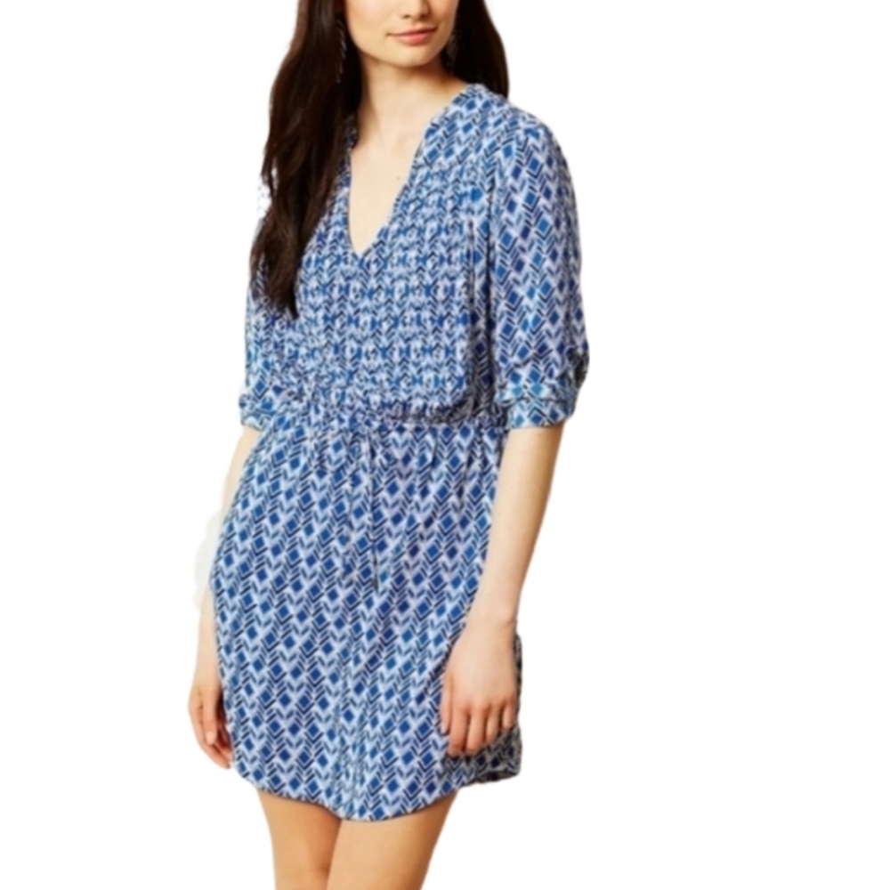 Maeve By Anthropologie Blue Grometric Pleated Tie Waist Dress with Long‎ Sleeves